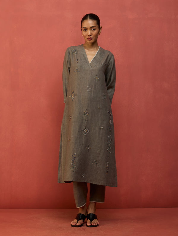 Rena Hand-Embroidered Linen Kurta Set - Grey