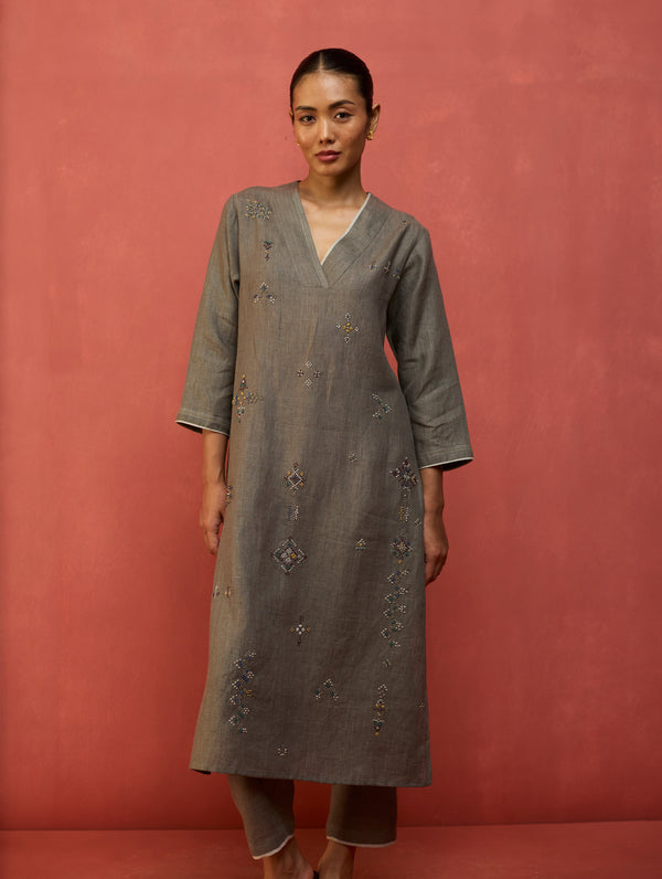 Rena Hand-Embroidered Linen Kurta - Grey