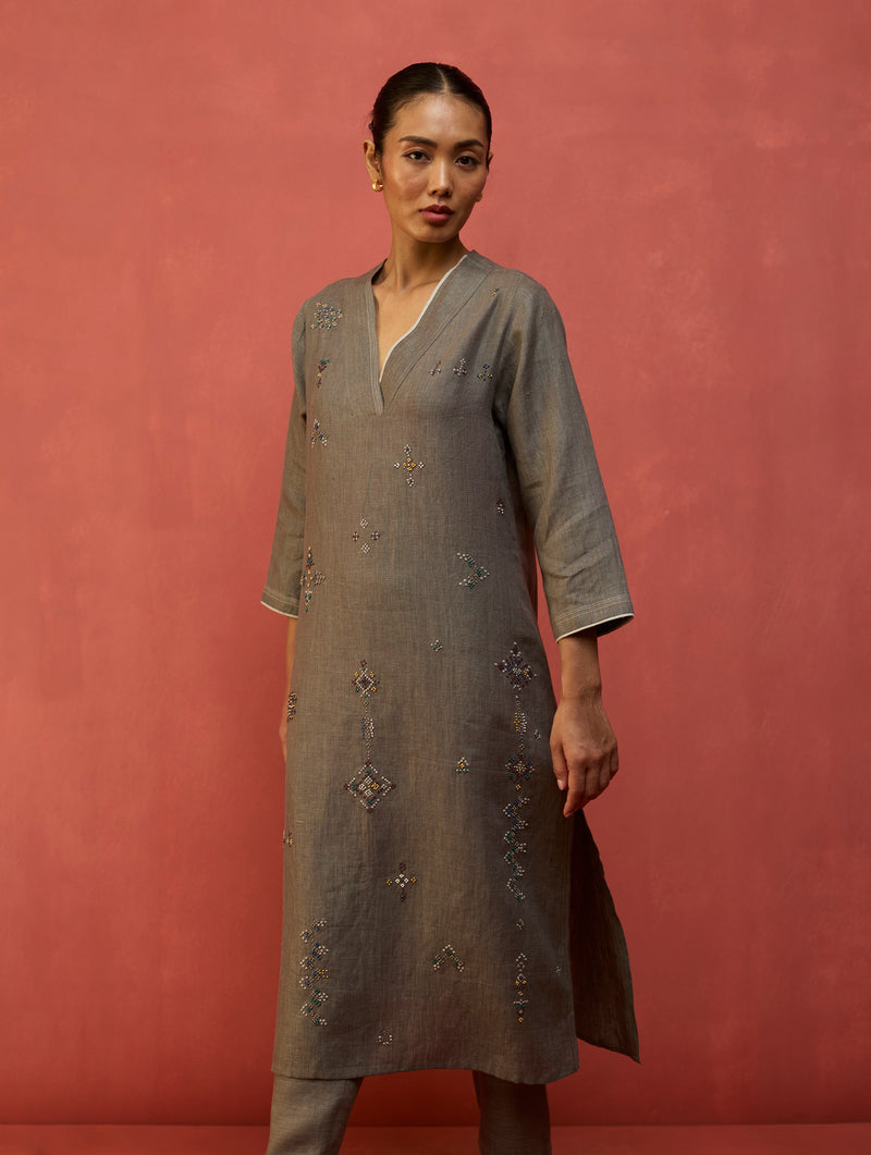 Rena Hand-Embroidered Linen Kurta - Grey