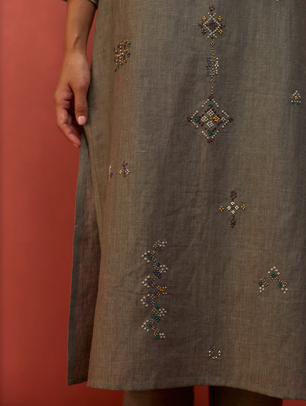 Rena Hand-Embroidered Linen Kurta - Grey