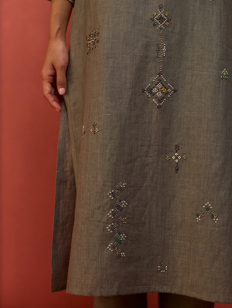 Rena Hand-Embroidered Linen Kurta - Grey