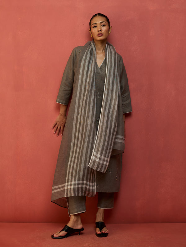 Ruka Handloom Stripe Linen Dupatta - Grey