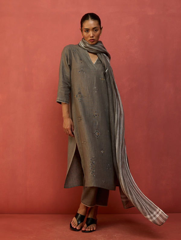 Rena Hand-Embroidered Linen Kurta Set - Grey