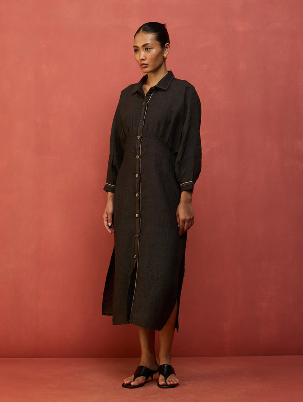 Masaru Buttoned Linen Dress - Charcoal