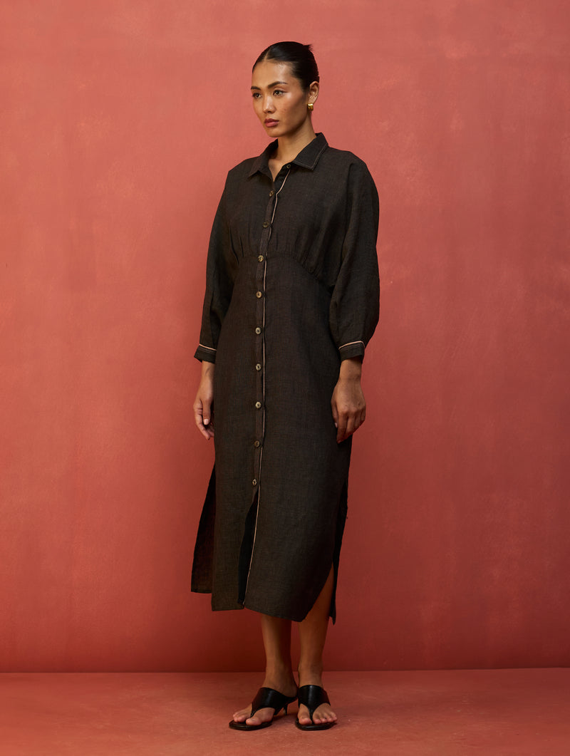 Masaru Buttoned Linen Dress - Charcoal