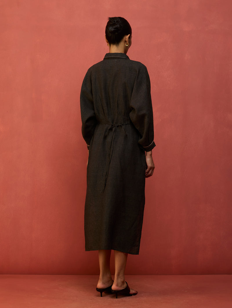 Masaru Buttoned Linen Dress - Charcoal