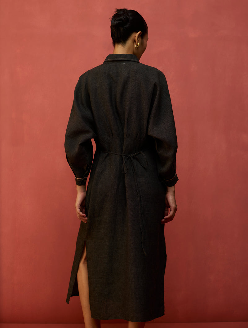Masaru Buttoned Linen Dress - Charcoal