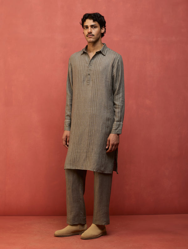 Maso Stripe Linen Kurta - Grey