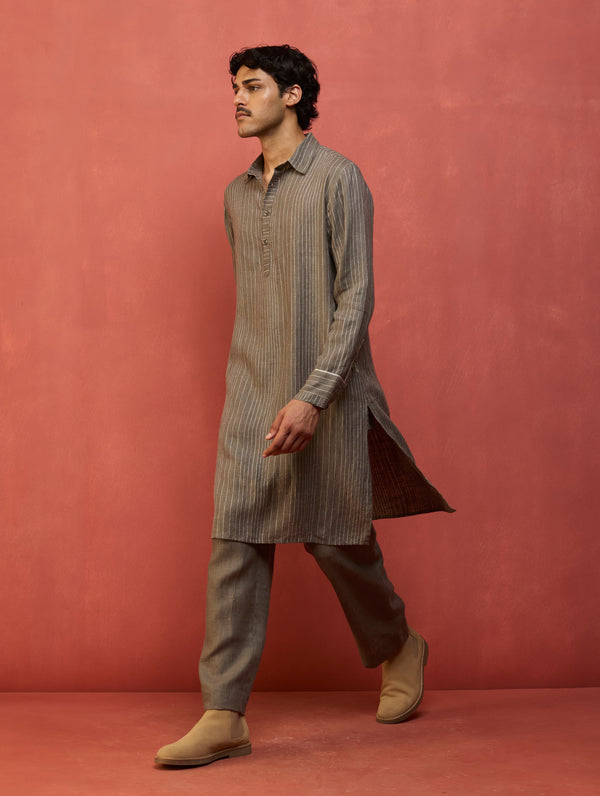 Maso Stripe Linen Kurta - Grey