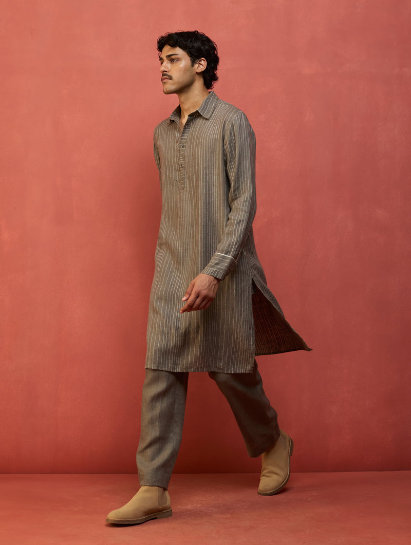 Maso Stripe Linen Kurta Set - Grey