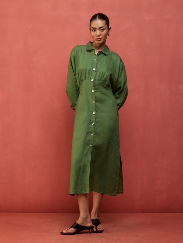Masaru Buttoned Linen Dress - Fern Green
