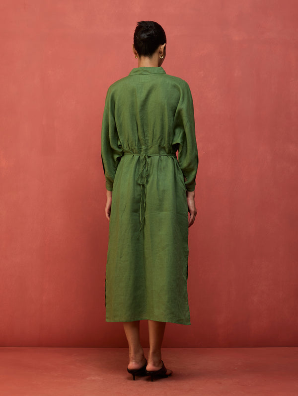 Masaru Buttoned Linen Dress - Fern Green
