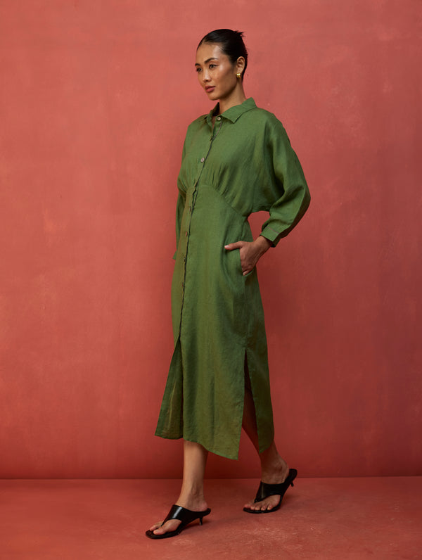 Masaru Buttoned Linen Dress - Fern Green