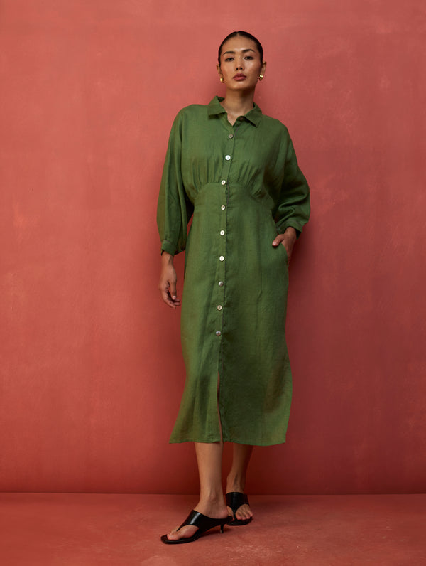 Masaru Buttoned Linen Dress - Fern Green