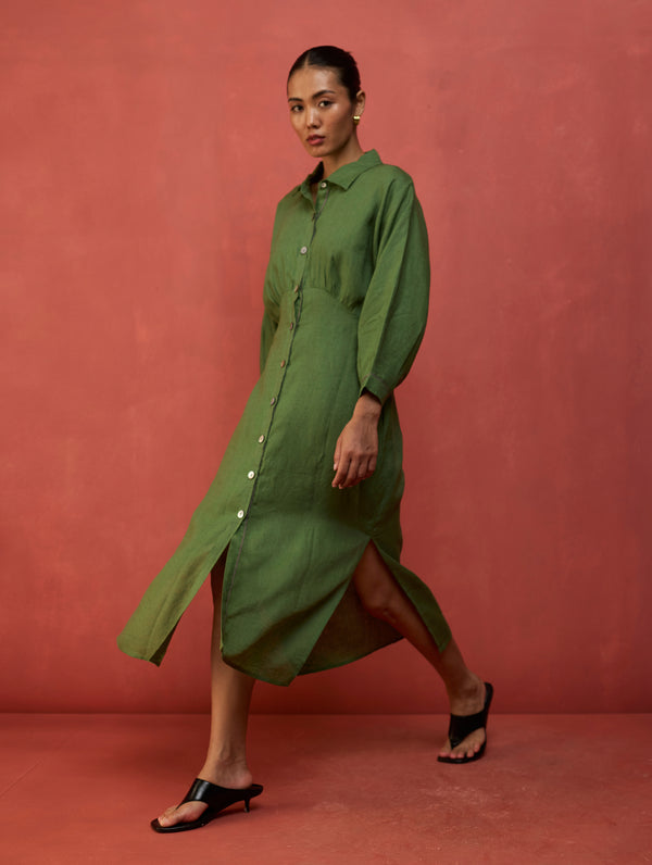 Masaru Buttoned Linen Dress - Fern Green