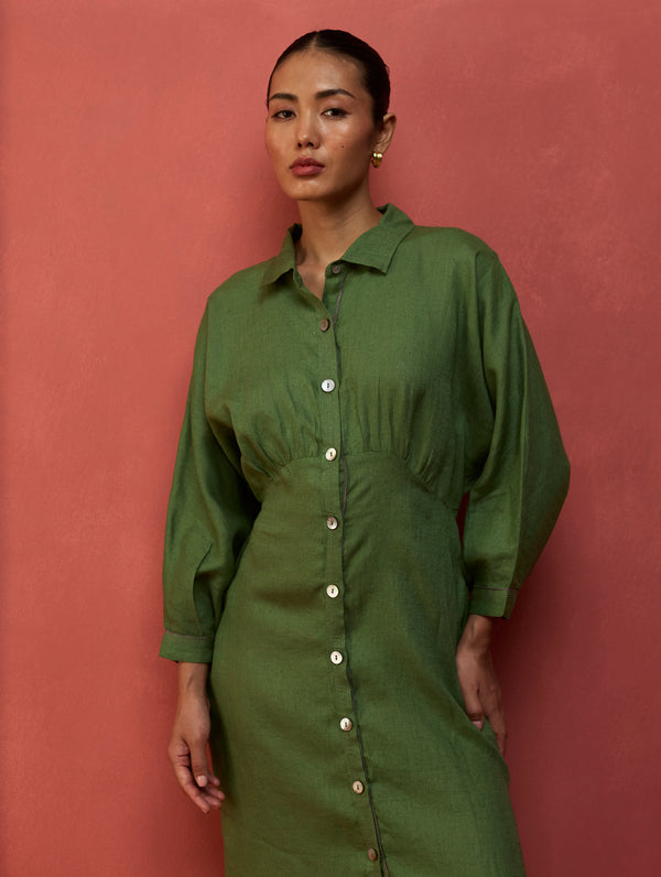 Masaru Buttoned Linen Dress - Fern Green