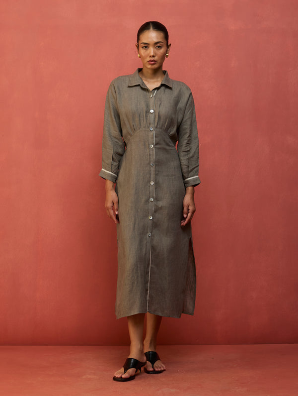 Masaru Buttoned Linen Dress - Grey