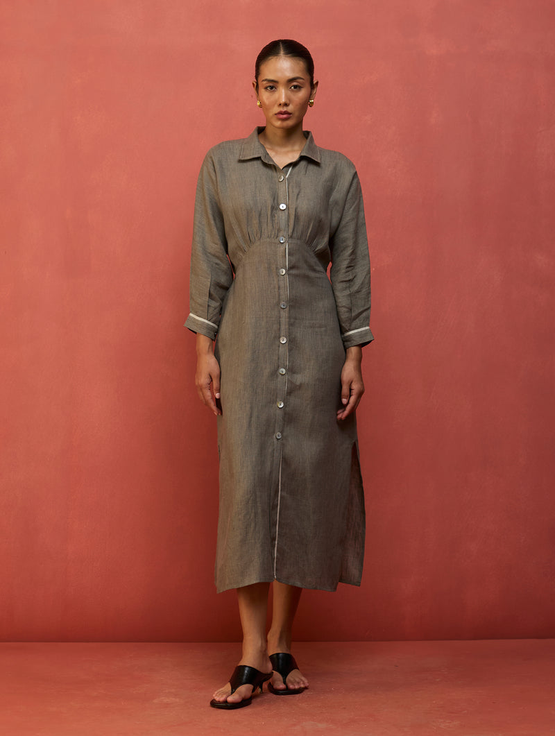 Masaru Buttoned Linen Dress - Grey Manan Masaru Buttoned Linen Dress - Grey Manan
