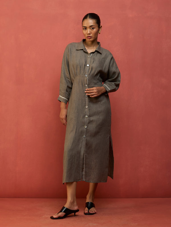 Masaru Buttoned Linen Dress - Grey
