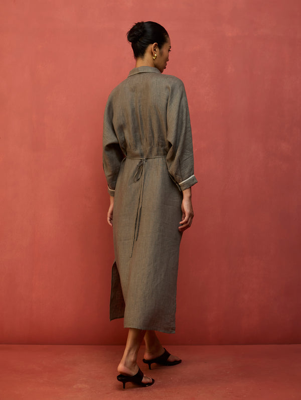 Masaru Buttoned Linen Dress - Grey