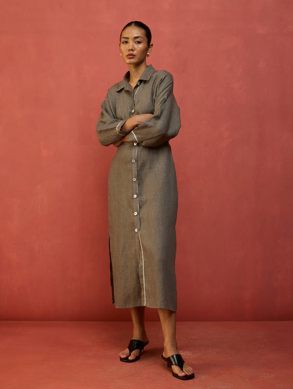 Masaru Buttoned Linen Dress - Grey