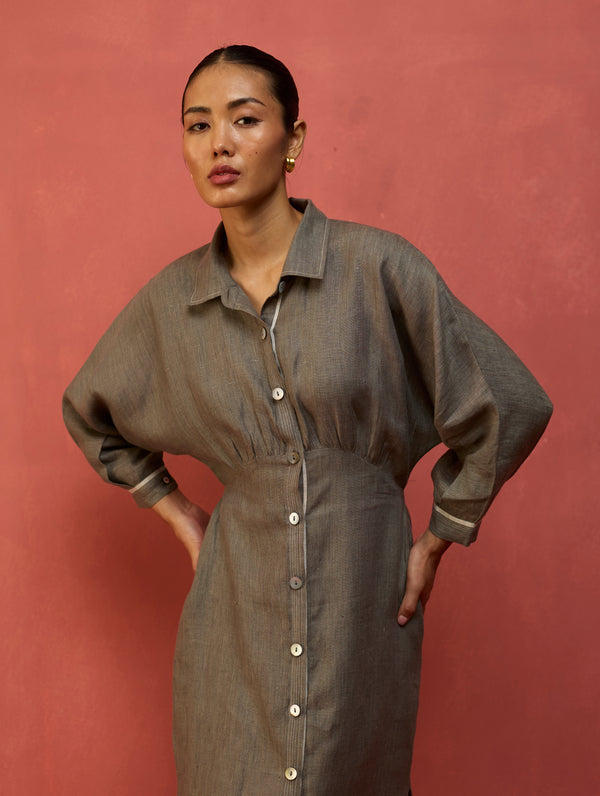 Masaru Buttoned Linen Dress - Grey