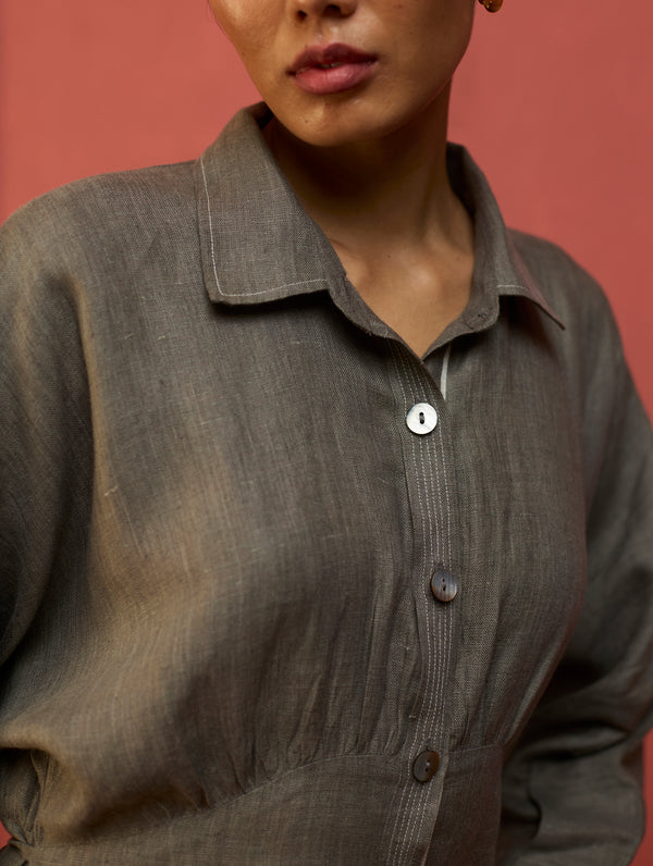 Masaru Buttoned Linen Dress - Grey