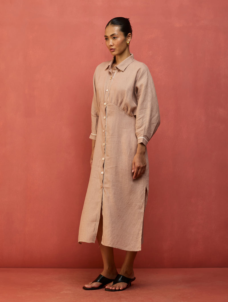 Masaru Buttoned Linen Dress - Dusty Rose