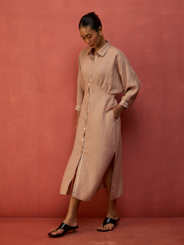 Masaru Buttoned Linen Dress - Dusty Rose