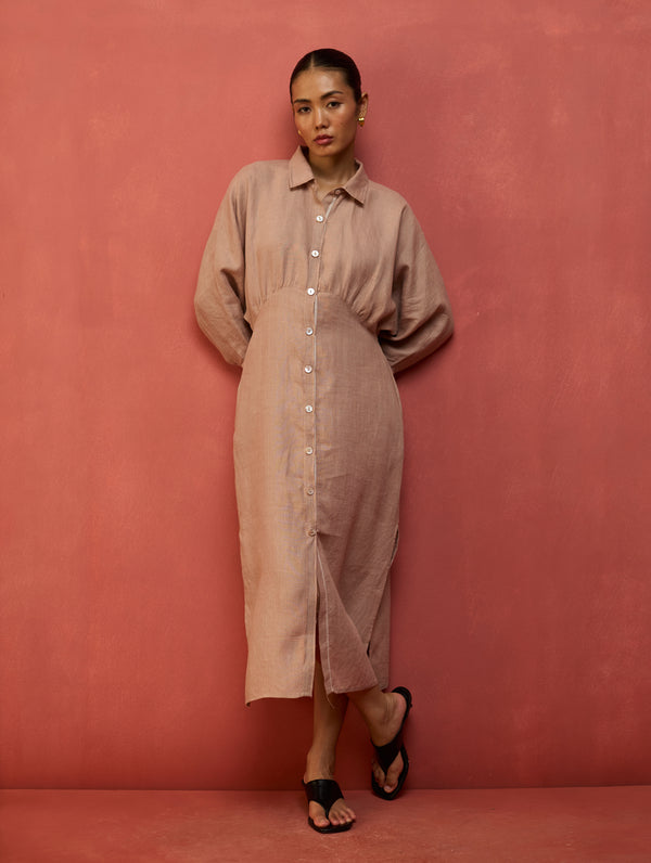 Masaru Buttoned Linen Dress - Dusty Rose
