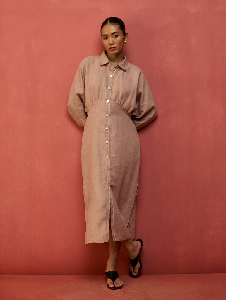 Masaru Buttoned Linen Dress - Dusty Rose M