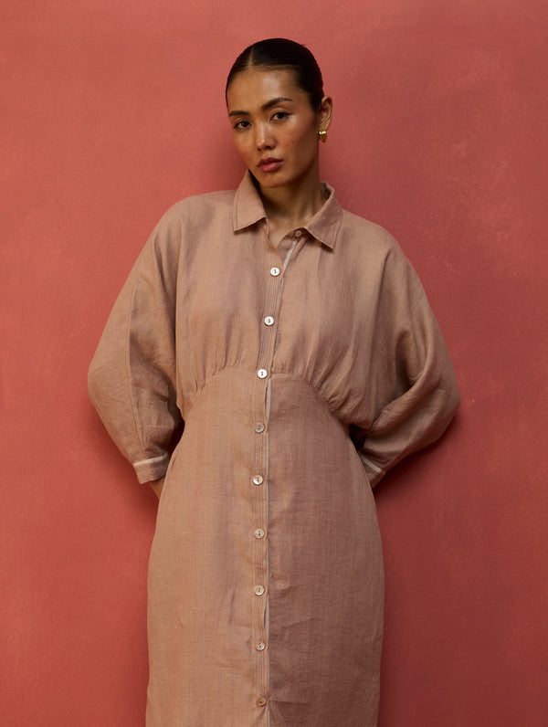 Masaru Buttoned Linen Dress - Dusty Rose