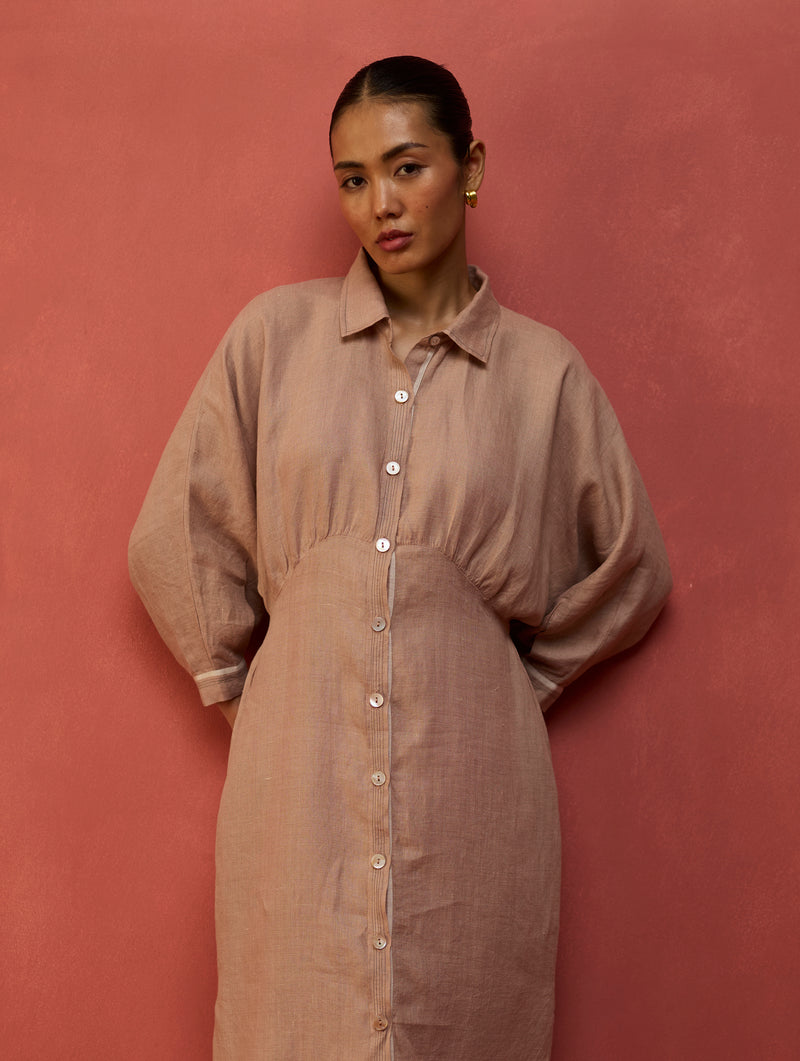Masaru Buttoned Linen Dress - Dusty Rose