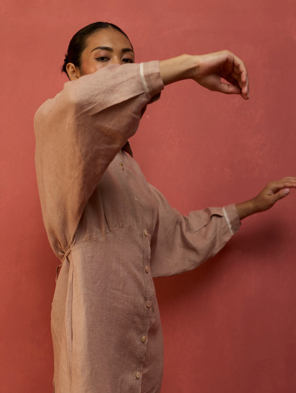Masaru Buttoned Linen Dress - Dusty Rose