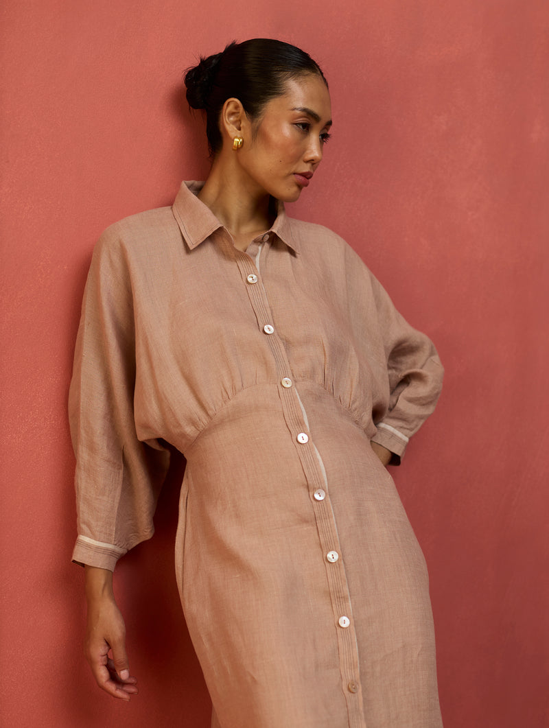 Masaru Buttoned Linen Dress - Dusty Rose