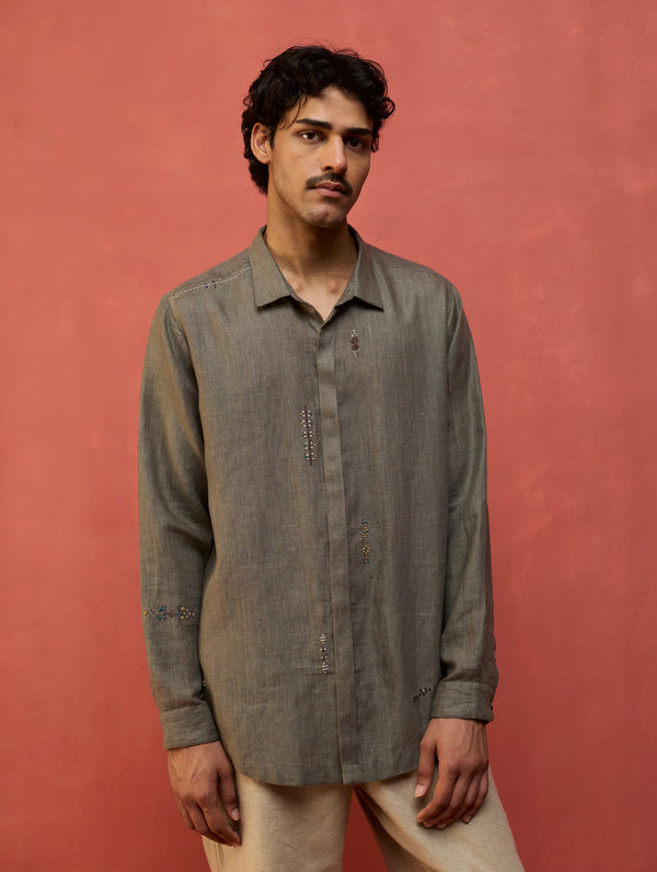Zuma Hand-Embroidered Linen Shirt - Grey