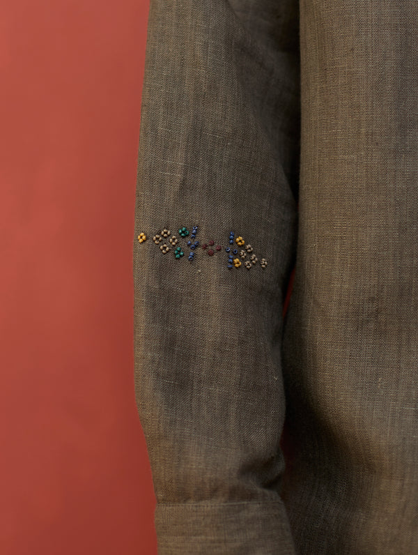 Zuma Hand-Embroidered Linen Shirt - Grey