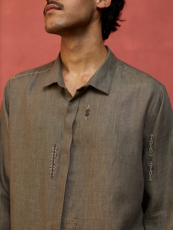 Zuma Hand-Embroidered Linen Shirt - Grey