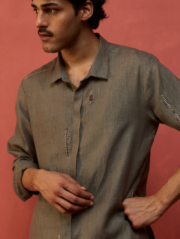Zuma Hand-Embroidered Linen Shirt - Grey