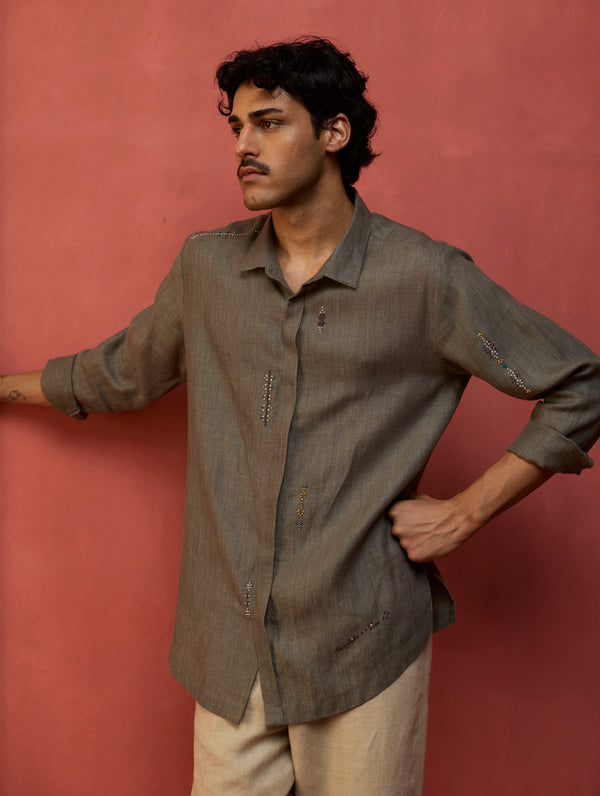 Zuma Hand-Embroidered Linen Shirt - Grey