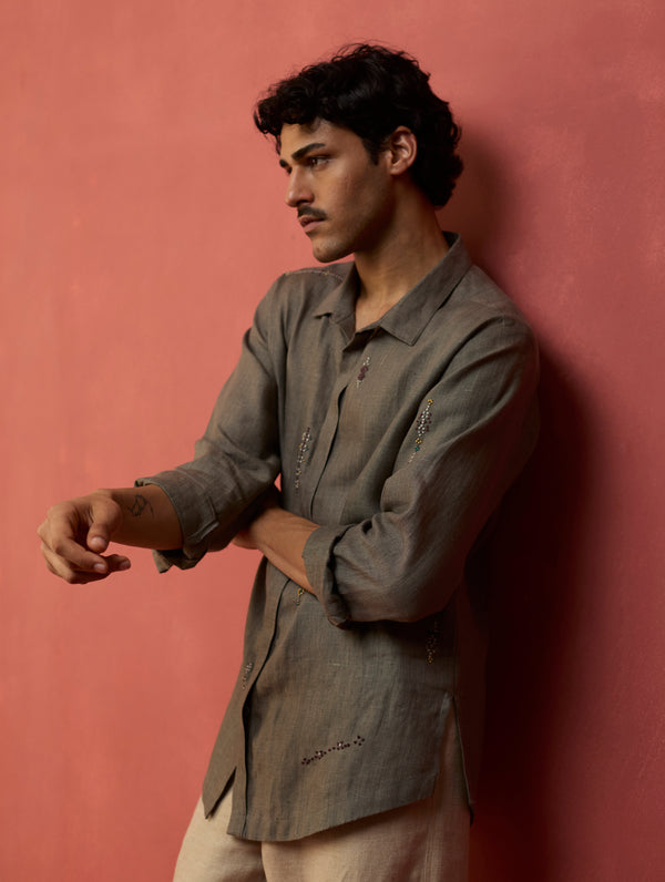 Zuma Hand-Embroidered Linen Shirt - Grey