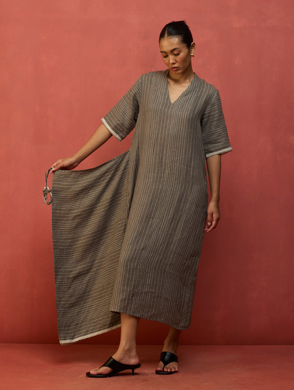 Karo Stripe Linen Wrap Dress - Grey