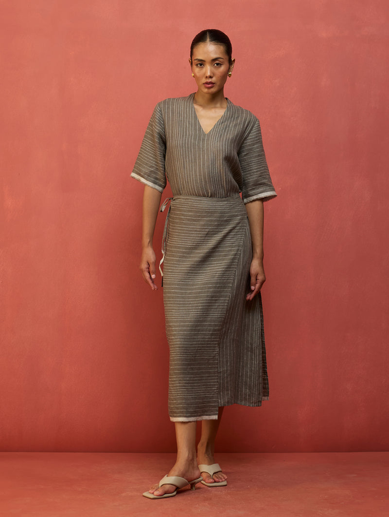 Karo Stripe Linen Wrap Dress - Grey