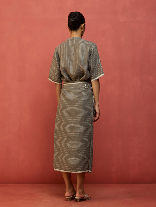 Karo Stripe Linen Wrap Dress - Grey