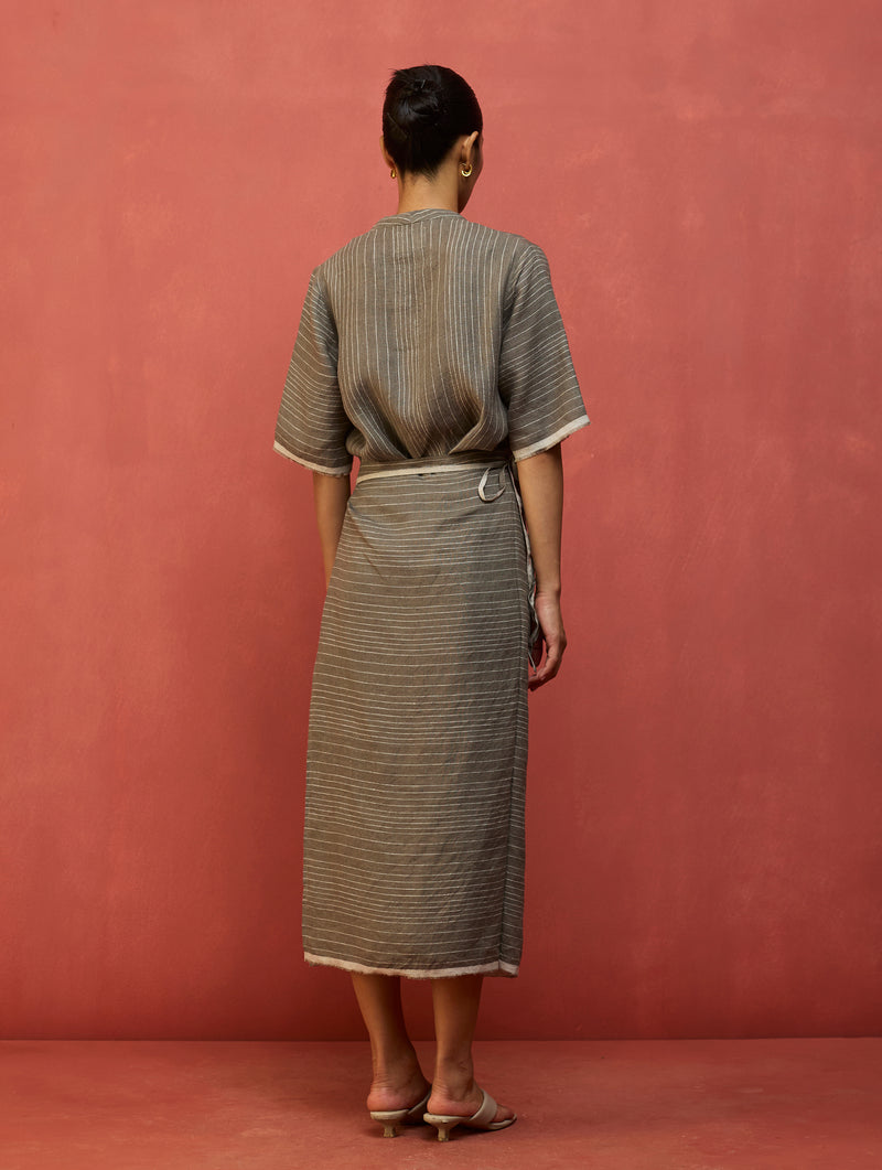 Karo Stripe Linen Wrap Dress - Grey