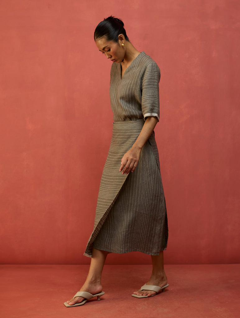 Karo Stripe Linen Wrap Dress - Grey