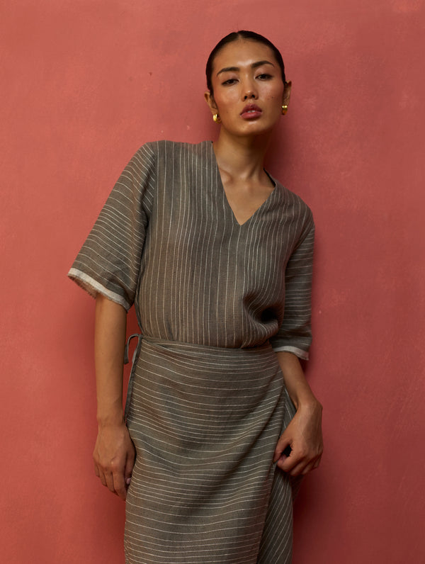 Karo Stripe Linen Wrap Dress - Grey
