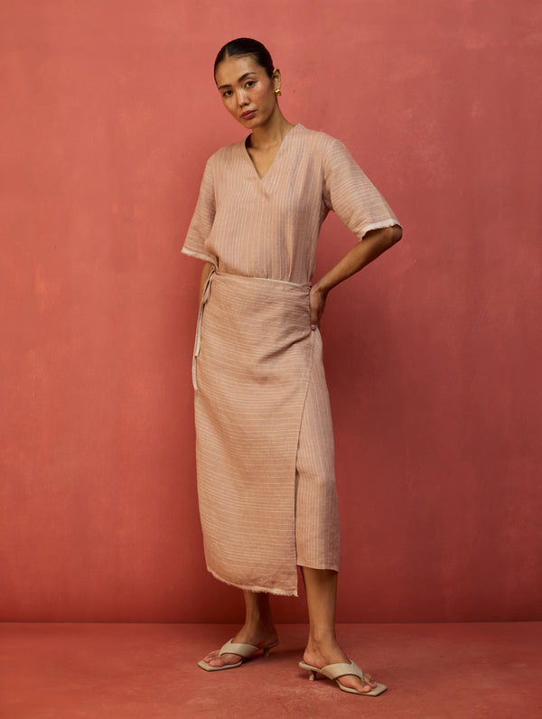 Karo Stripe Linen Wrap Dress - Dusty Rose
