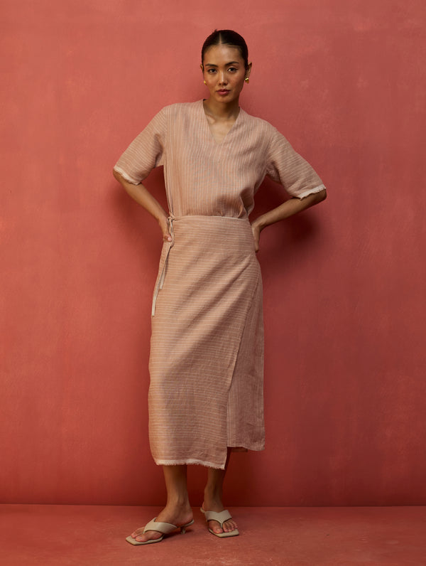 Karo Stripe Linen Wrap Dress - Dusty Rose