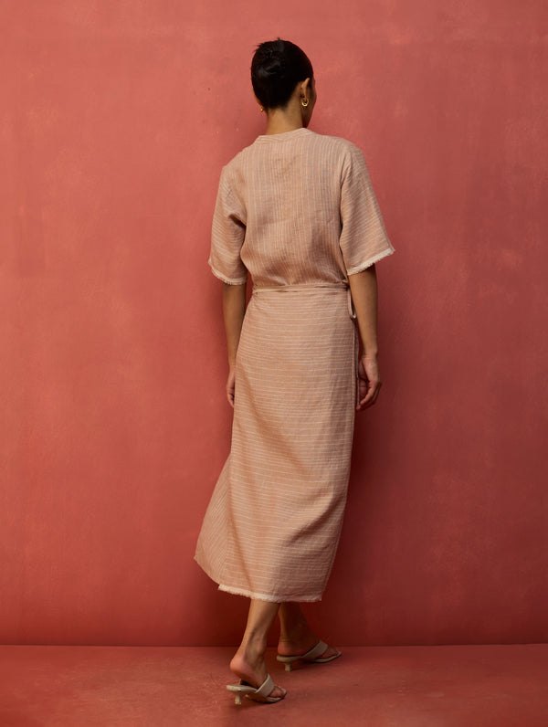 Karo Stripe Linen Wrap Dress - Dusty Rose
